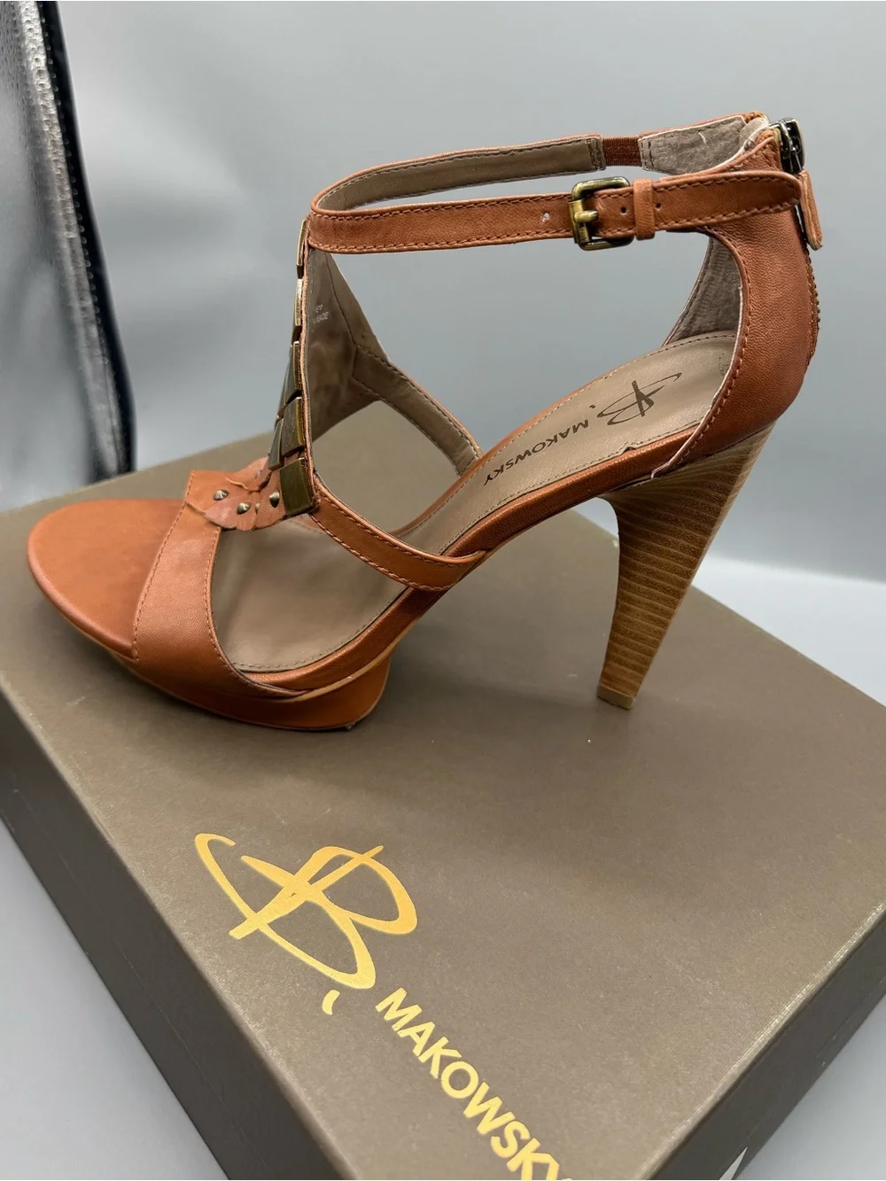 b. makowsky Brown Leather High Heel Sandal with Gold Accents